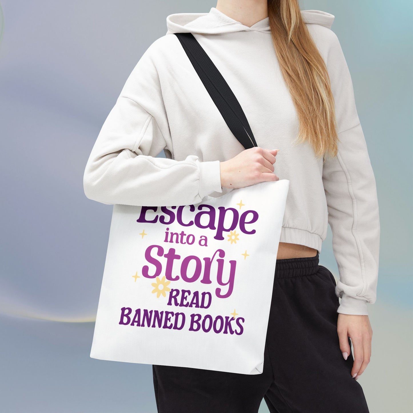 Escape into a Story, Read Banned Books Tote Bag
