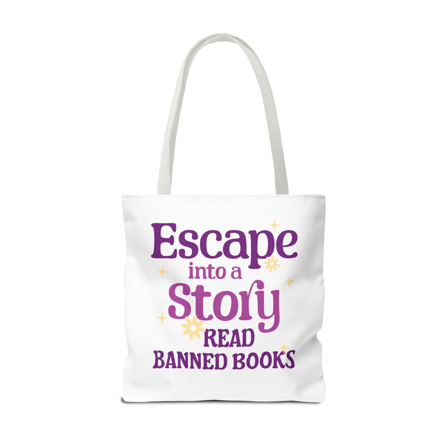 Escape into a Story, Read Banned Books Tote Bag