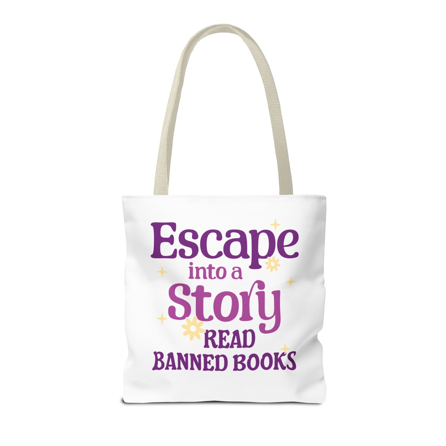 Escape into a Story, Read Banned Books Tote Bag