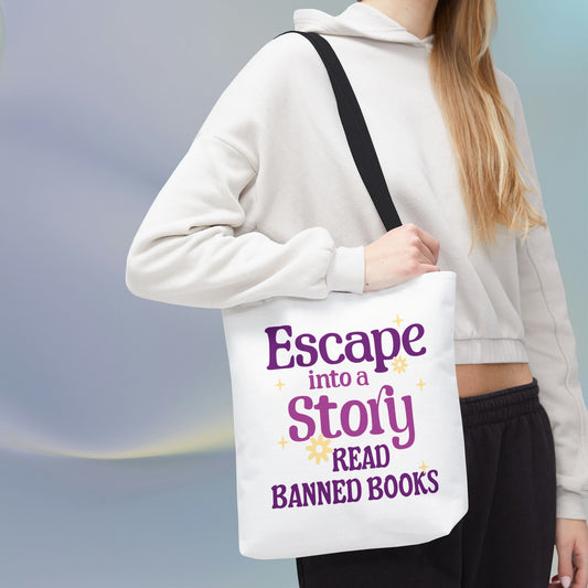Escape into a Story, Read Banned Books Tote Bag