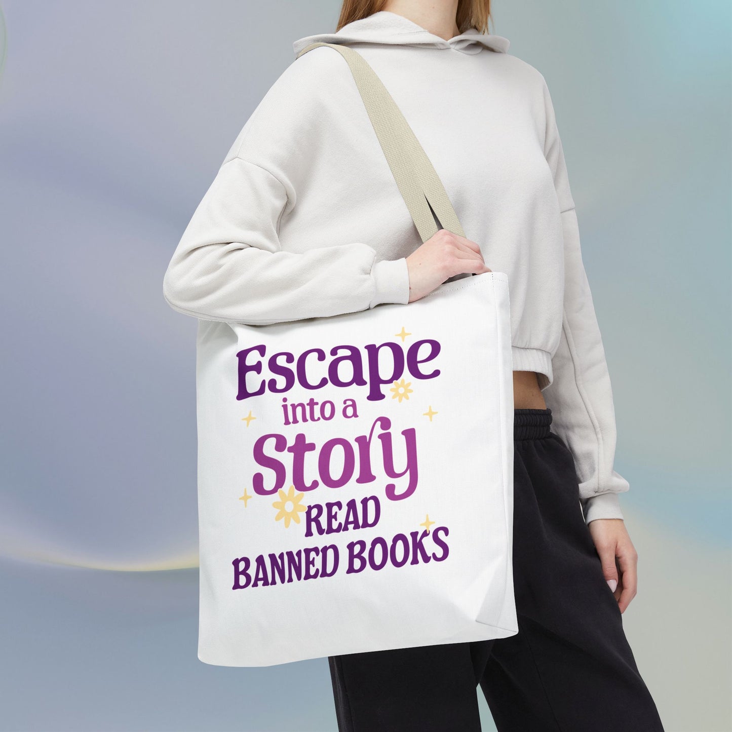 Escape into a Story, Read Banned Books Tote Bag