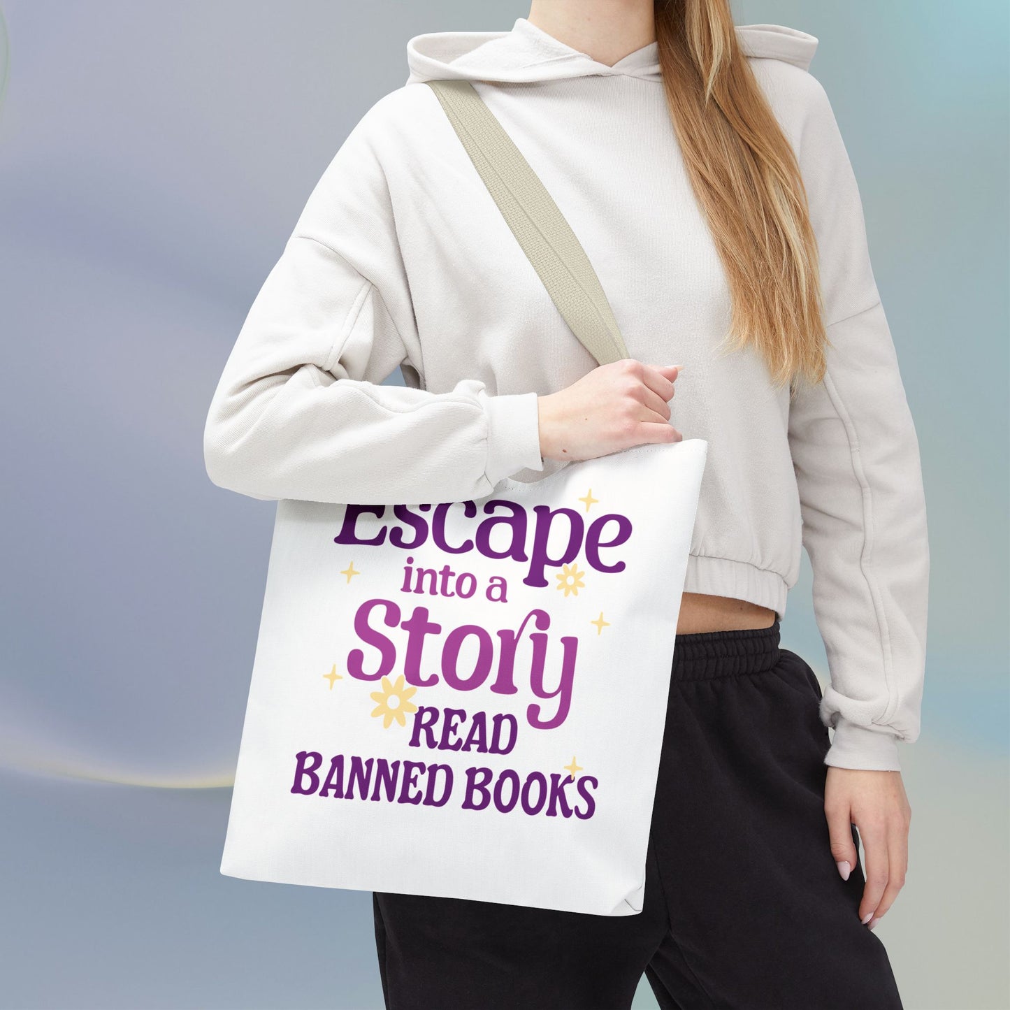 Escape into a Story, Read Banned Books Tote Bag