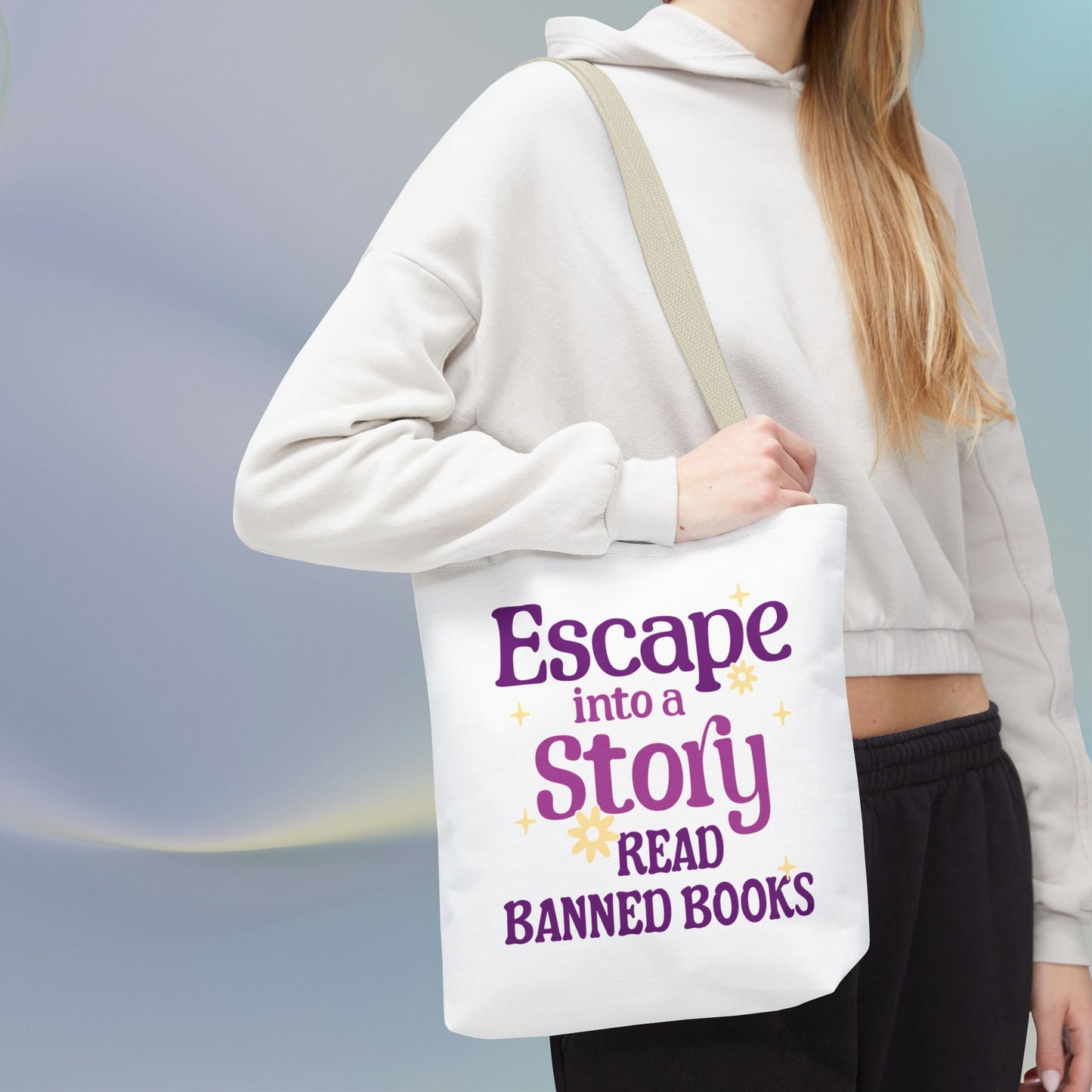 Escape into a Story, Read Banned Books Tote Bag