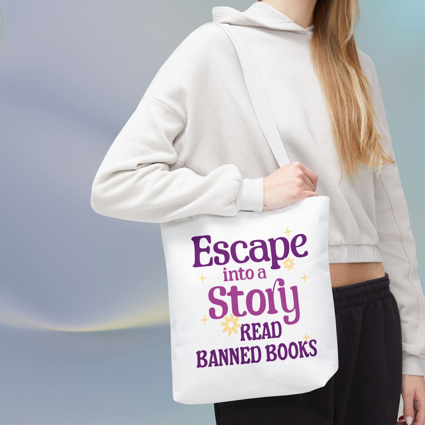 Escape into a Story, Read Banned Books Tote Bag