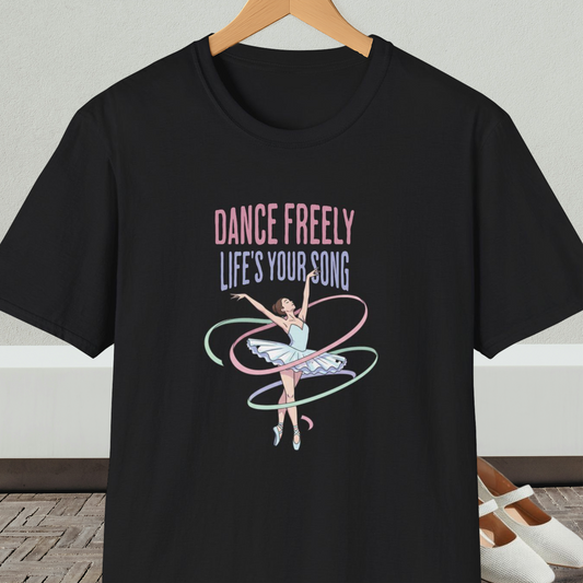 Black t-shirt with ballet design and text 'Dance Freely Life's Your Song', on a hanger against a neutral background