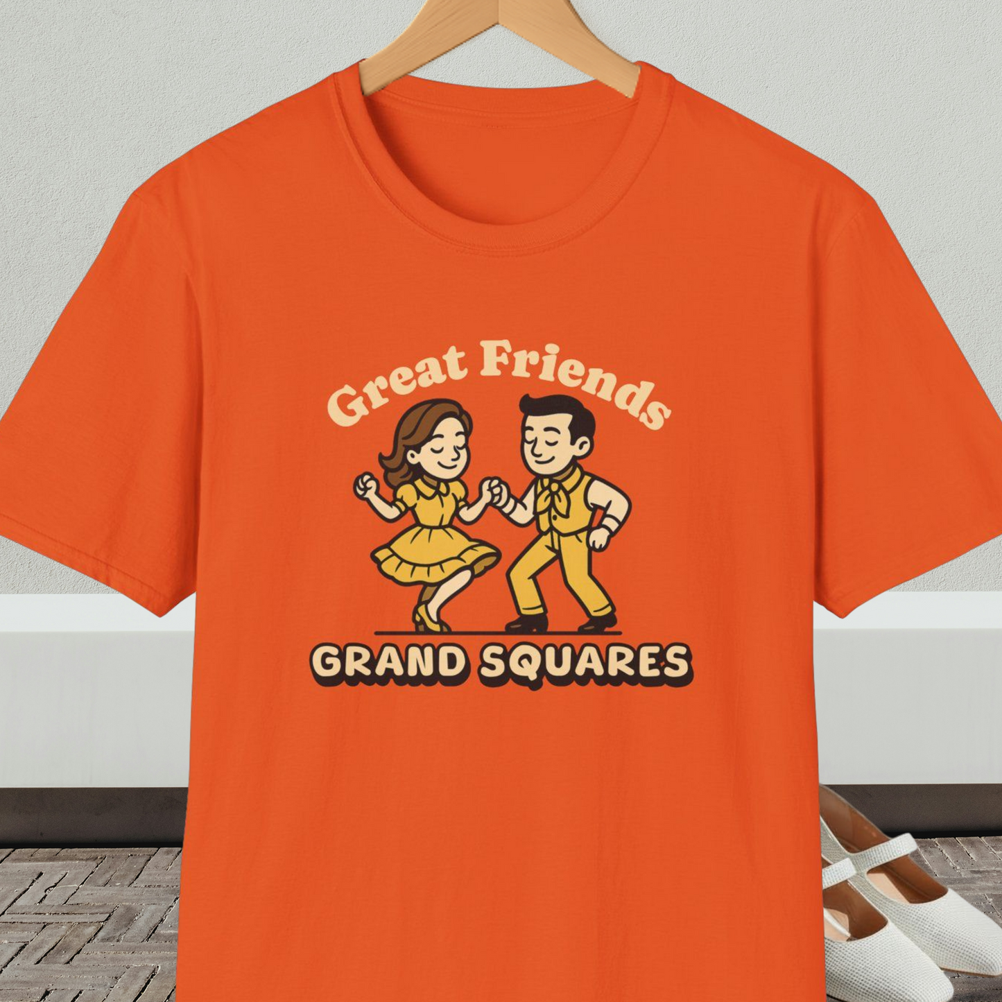 Orange t-shirt with 'Great Friends Grand Squares' and square dance couple graphic