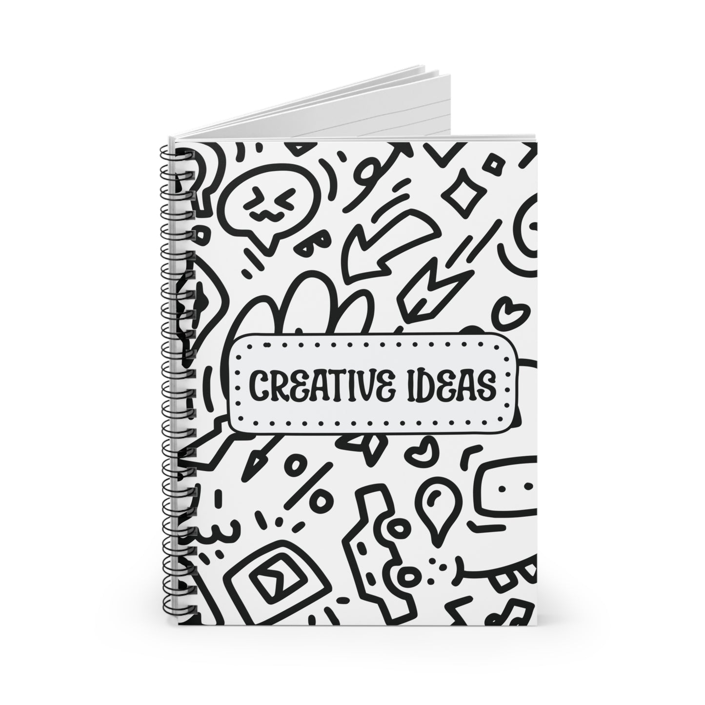 Notebook with black and white doodle design and 'Creative Ideas' text