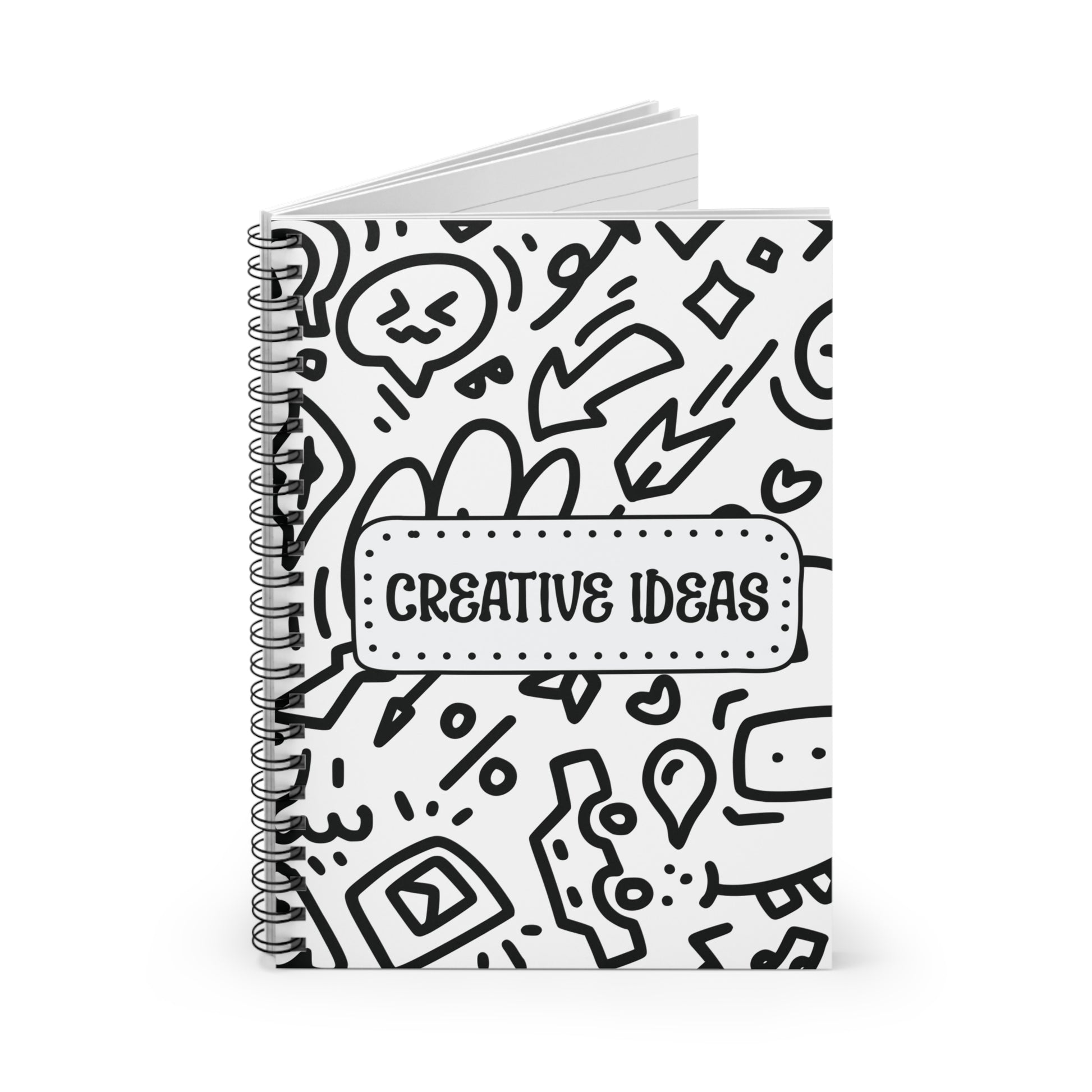 Notebook with black and white doodle design and 'Creative Ideas' text
