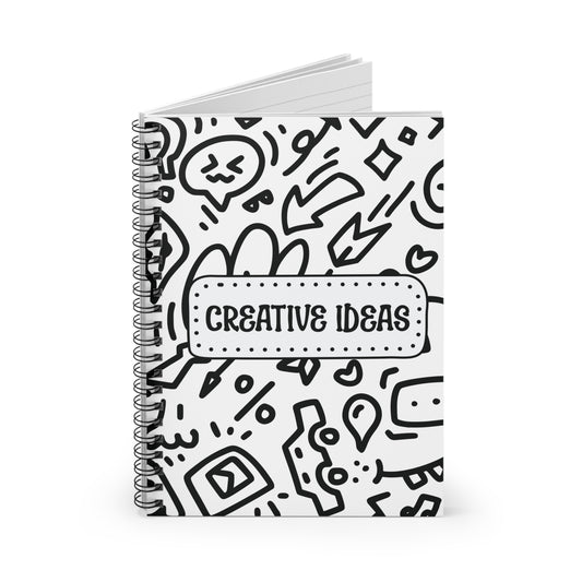 Notebook with black and white doodle design and 'Creative Ideas' text