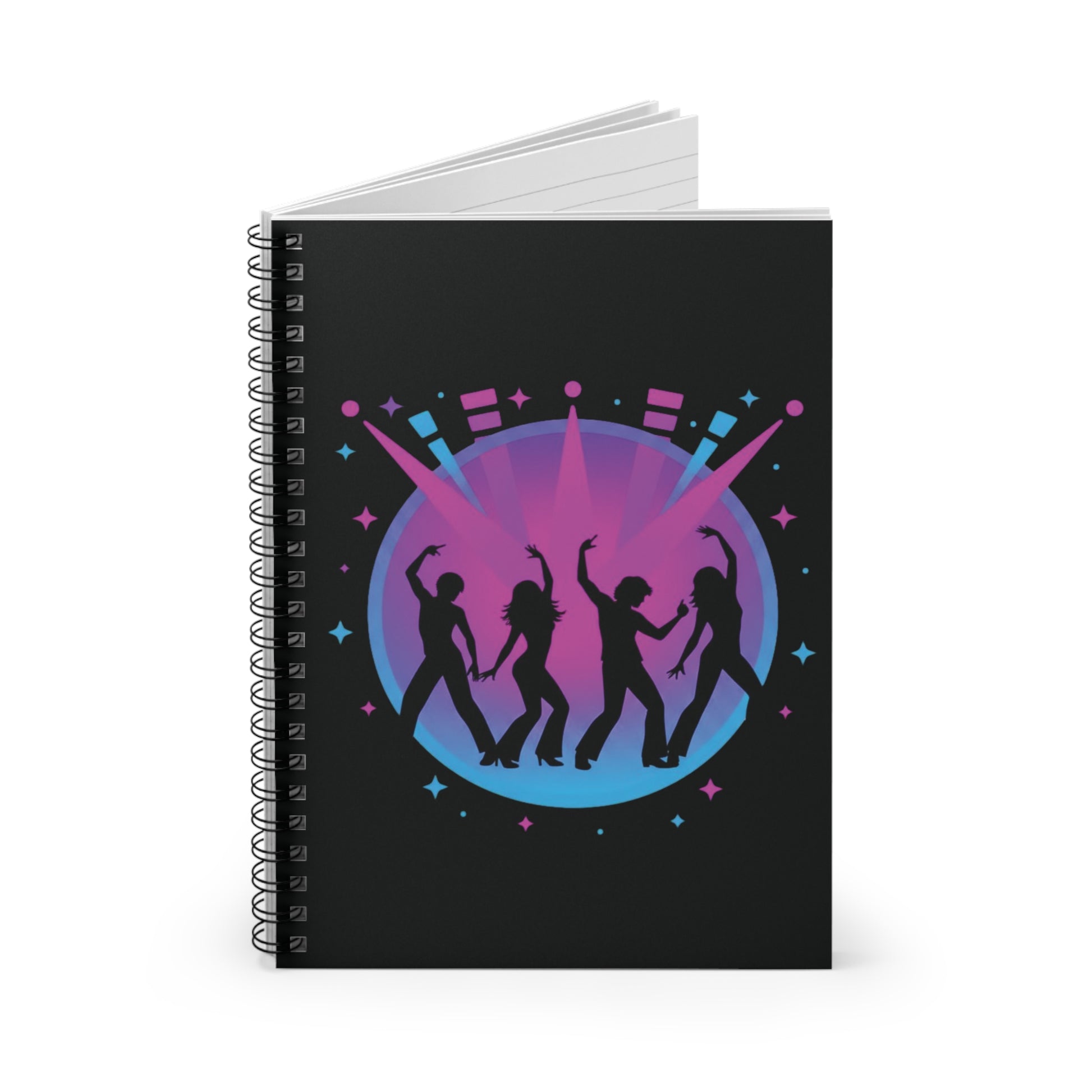 Notebook with a colorful design of people dancing on a black background