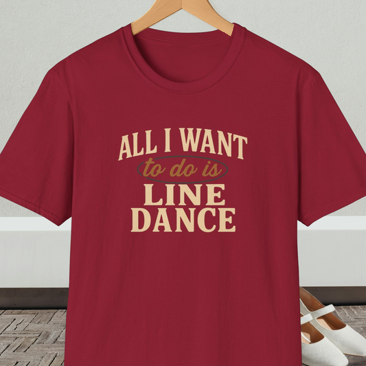 Maroon t-shirt with 'All I Want to do is Line Dance' text, on a hanger against a neutral background.