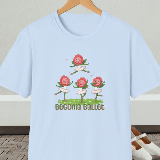 Light blue t-shirt with 'Begonia Ballet' design, on a hanger against a white wall.