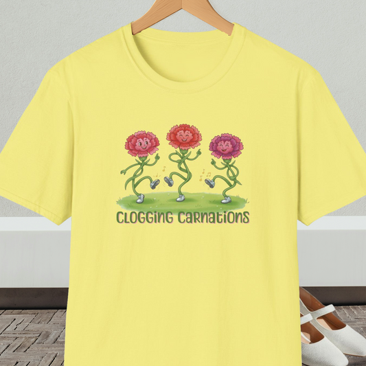 Yellow t-shirt with dancing flower design and text 'Clogging Carnations', on a hanger in front of a neutral background.