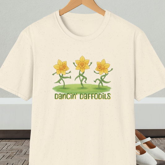 Natural beige t-shirt with 'Dancin' Daffodils' design, on a hanger against a neutral background.
