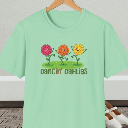 Mint green t-shirt with 'Dancin' Dahlias' design, on a hanger against a neutral background.