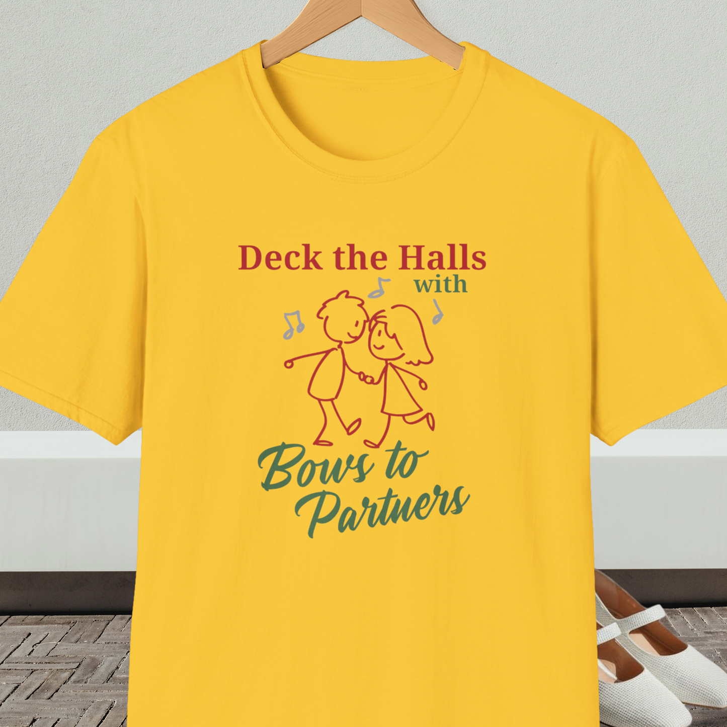 Bright tee shirt with a square dance couple and the words 'Deck the Halls with Bows to Partners'