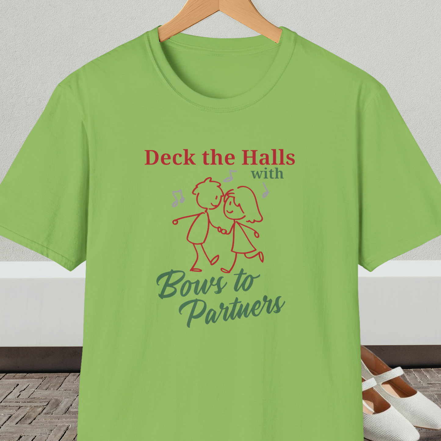 Lime green tee shirt with a square dance couple and the words 'Deck the Halls with Bows to Partners'