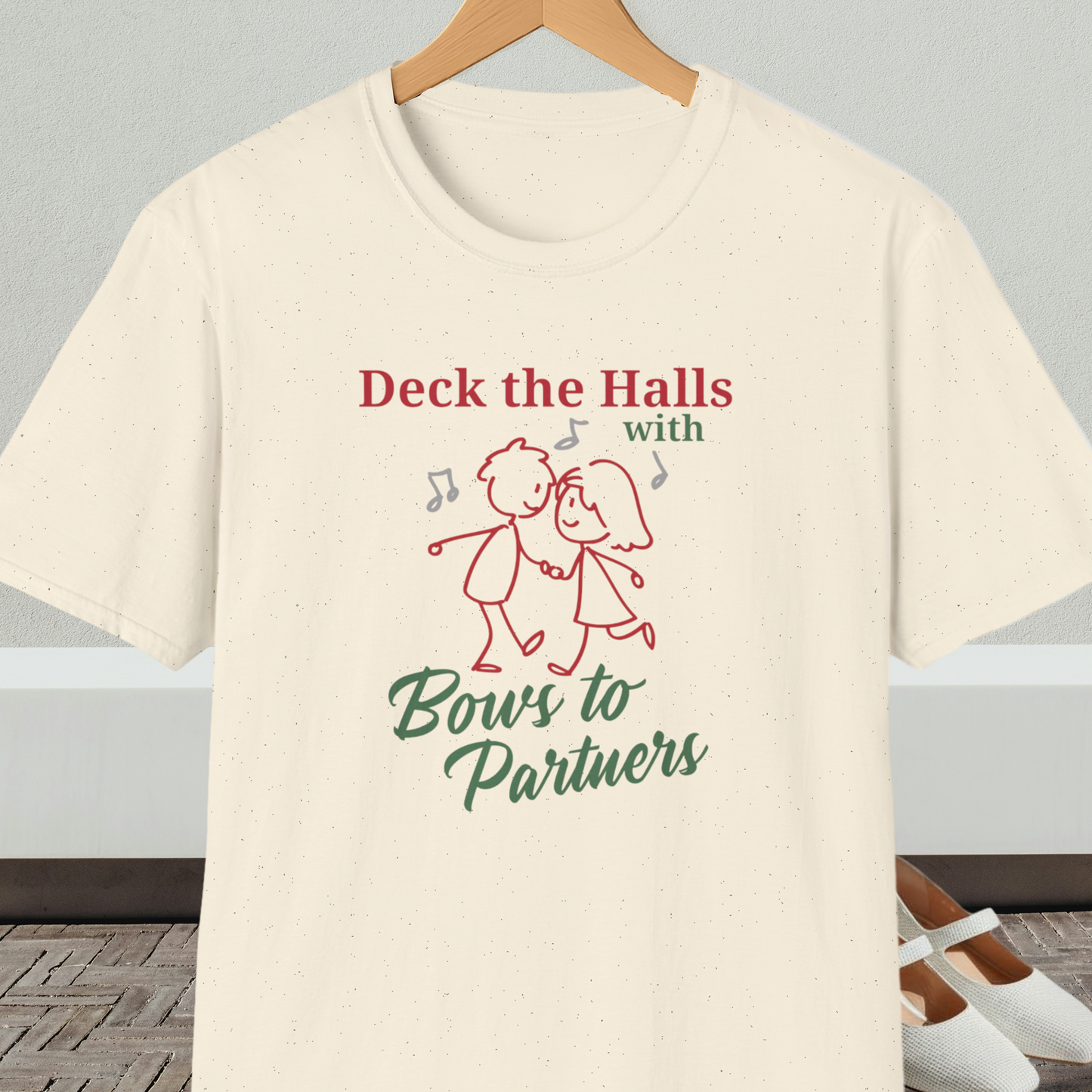 Natural beige tee shirt with a square dance couple and the words 'Deck the Halls with Bows to Partners'
