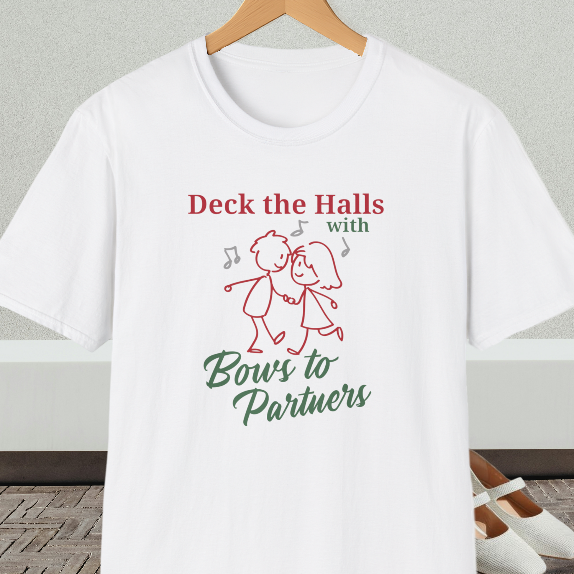 White tee shirt with a square dance couple and the words 'Deck the Halls with Bows to Partners'