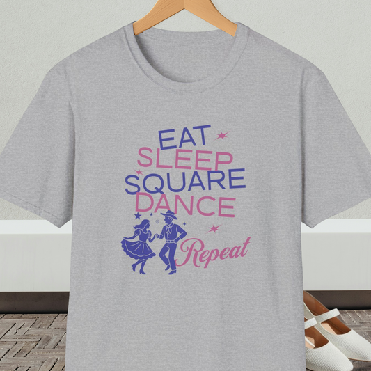 Gray t-shirt with 'Eat Sleep Square Dance Repeat' text and graphics on a hanger.