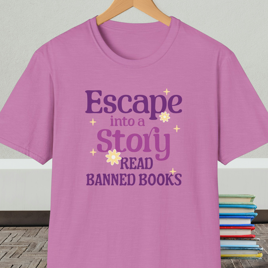 Orchid t-shirt on a hanger, with text 'Escape into a Story, Read Banned Books'