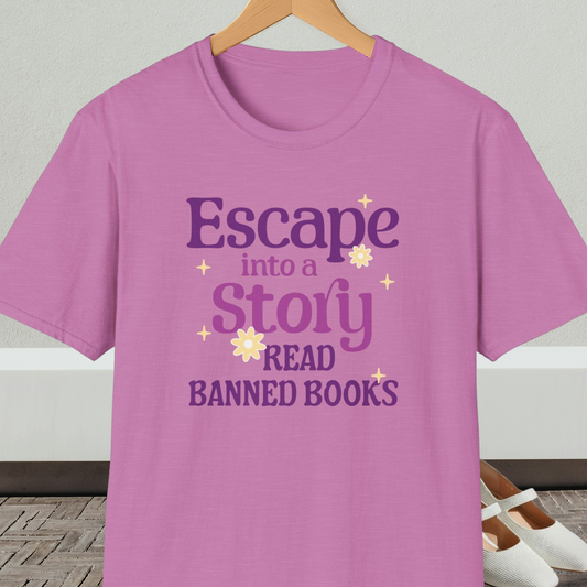 Orchid t-shirt on a hanger, with text 'Escape into a Story, Read Banned Books'