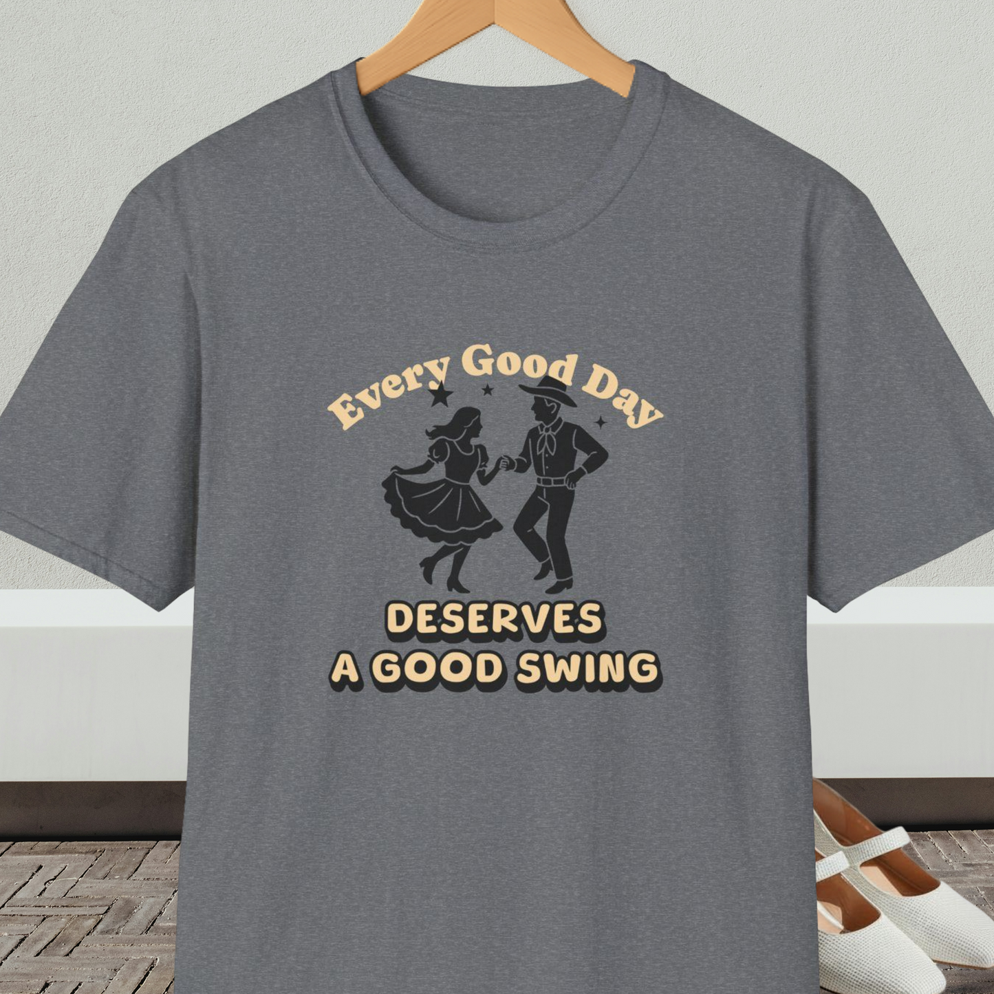 Gray t-shirt with square dancing couple and text 'Every Good Day Deserves a Good Swing'