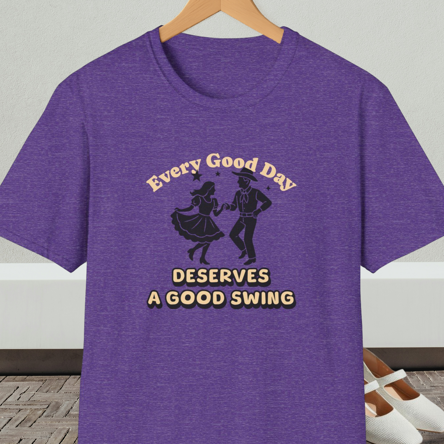 Purple t-shirt with square dancing couple and text 'Every Good Day Deserves a Good Swing'