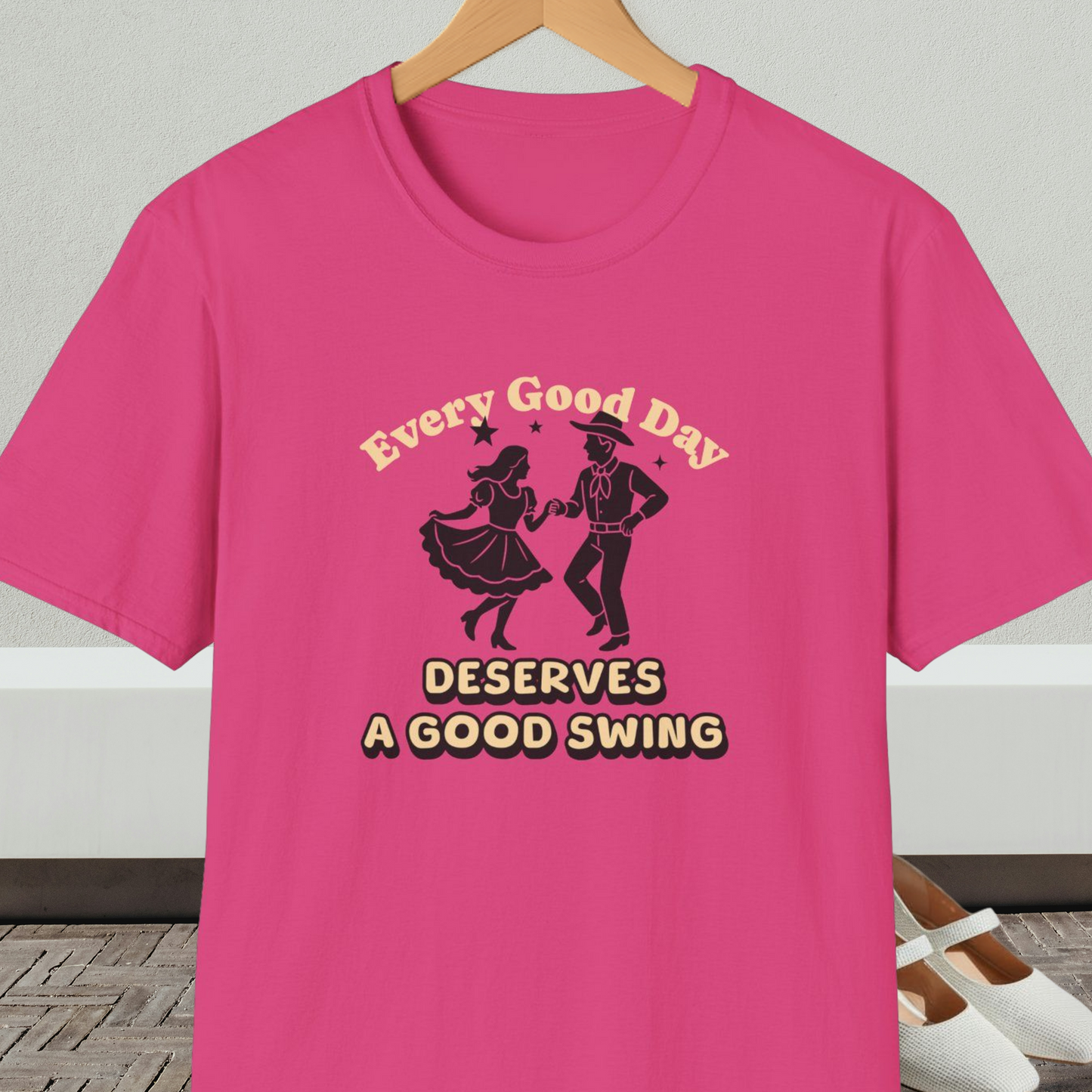 Pink t-shirt with square dancing couple and text 'Every Good Day Deserves a Good Swing'