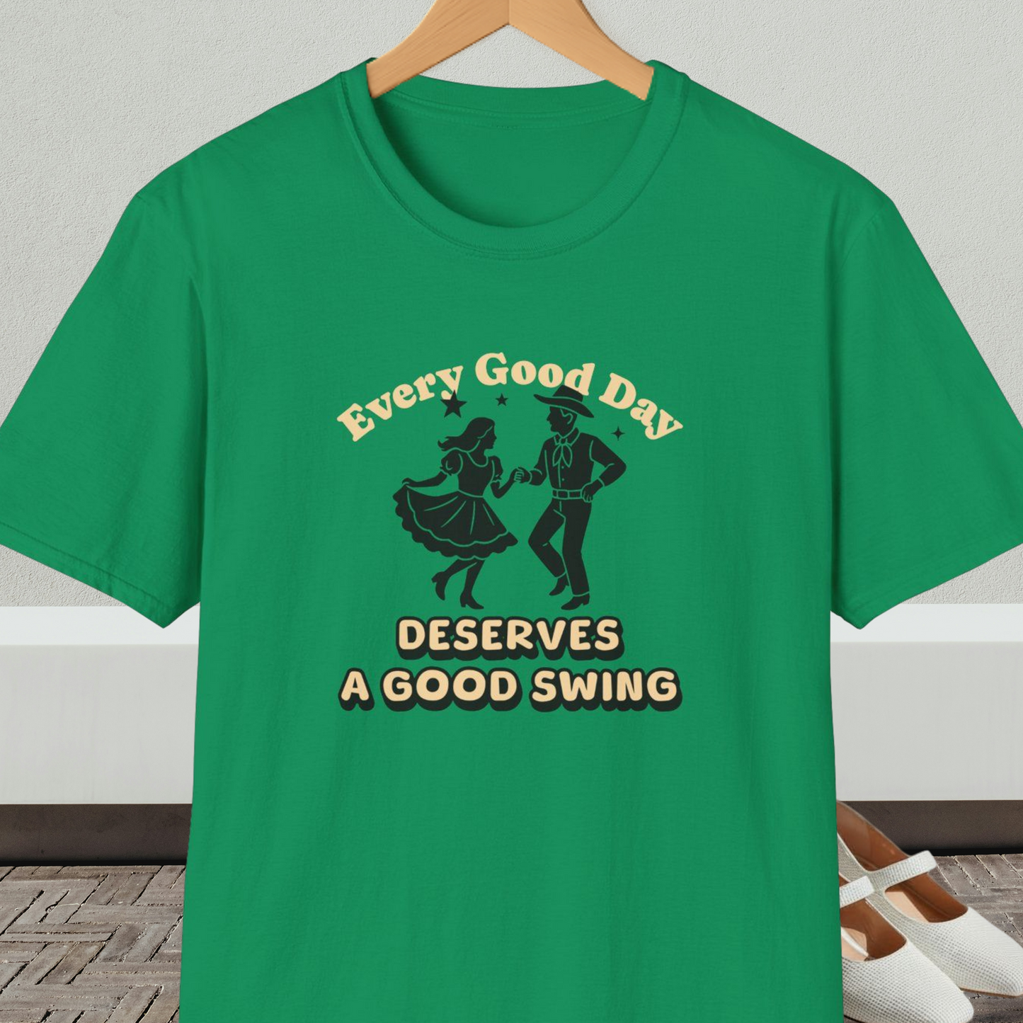 Kelly green t-shirt with square dancing couple and text 'Every Good Day Deserves a Good Swing'