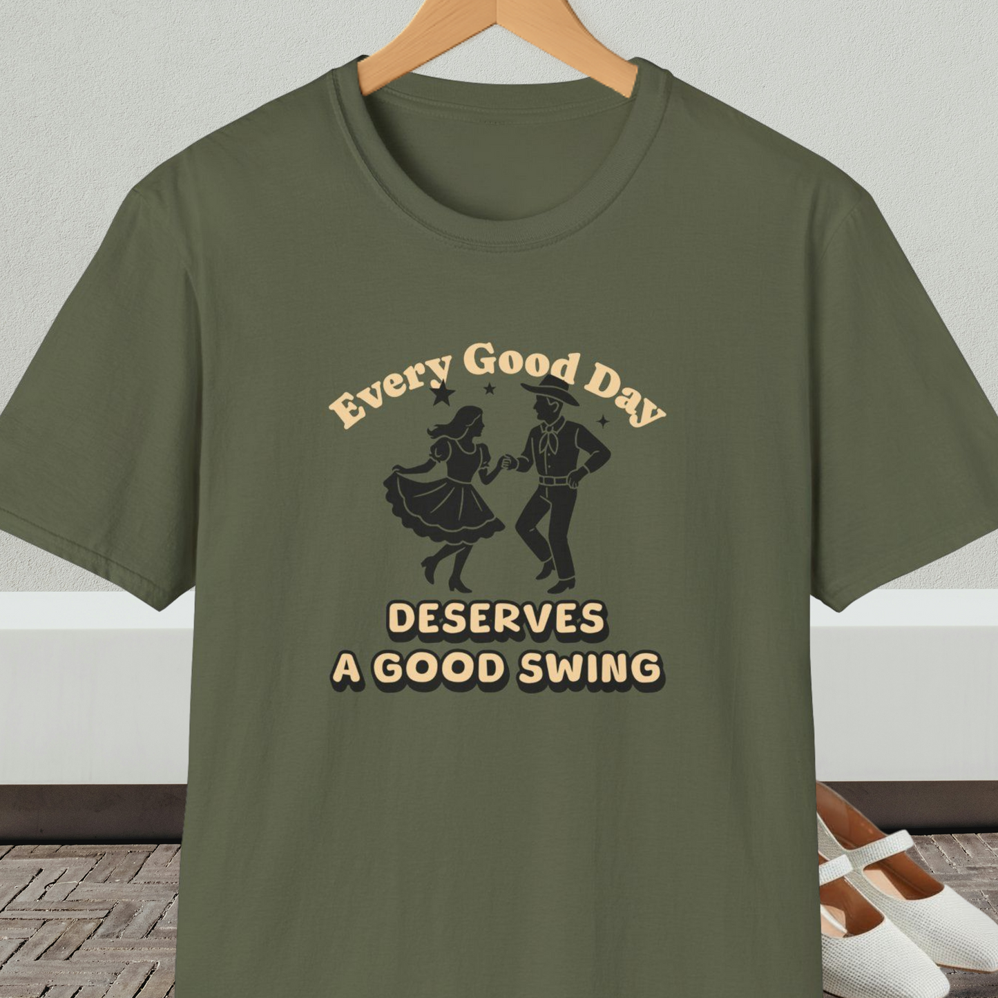 Military green t-shirt with square dancing couple and text 'Every Good Day Deserves a Good Swing'