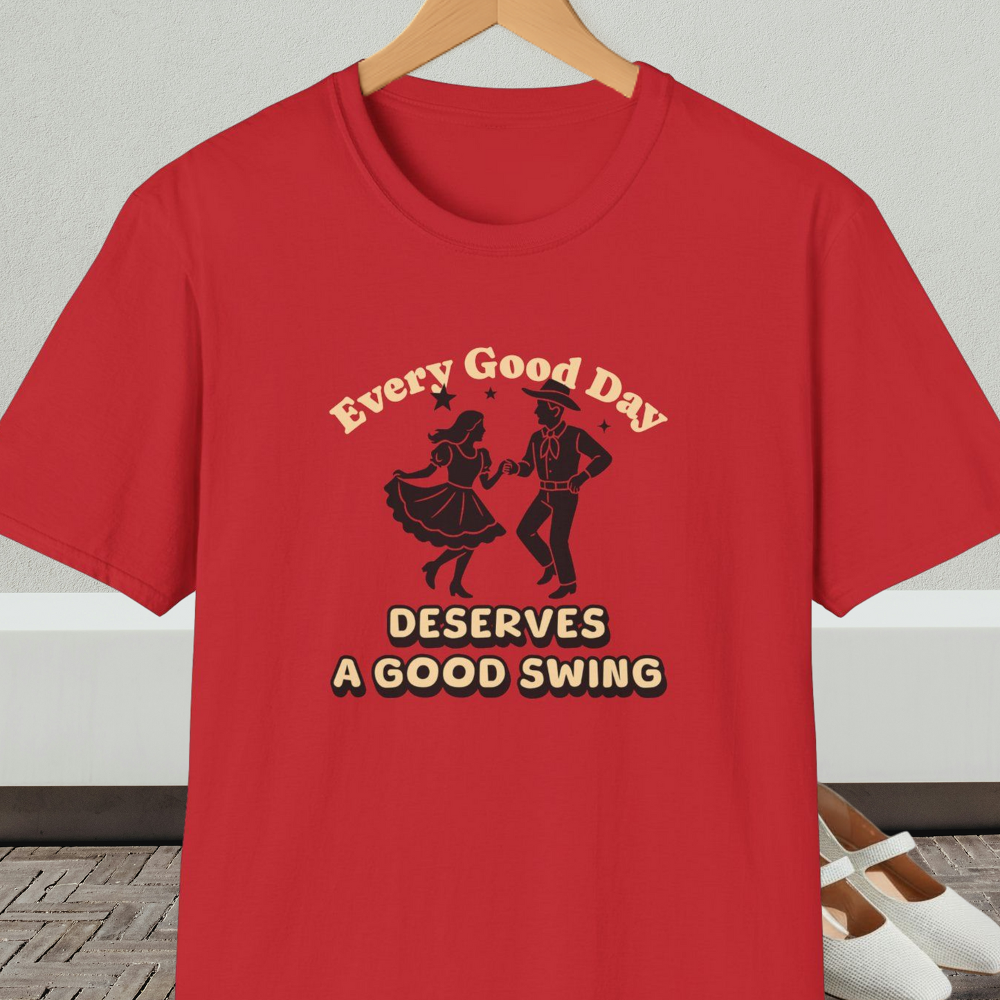 Red t-shirt with square dancing couple and text 'Every Good Day Deserves a Good Swing'
