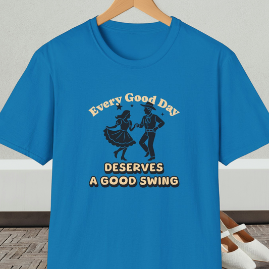 Blue t-shirt with square dancing couple and text 'Every Good Day Deserves a Good Swing'