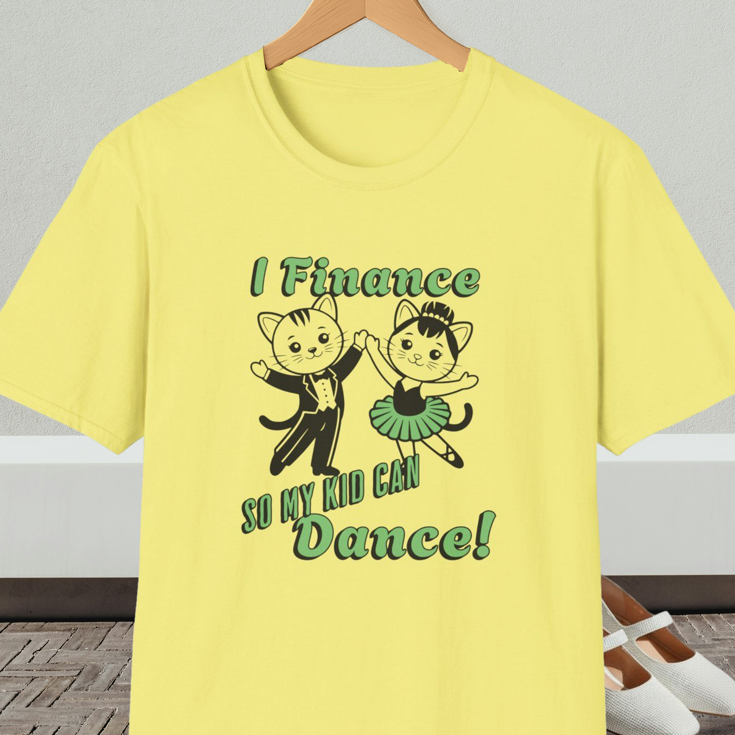 Yellow t-shirt with cartoon cats dancing and 'I Finance So My Kid Can Dance' text 