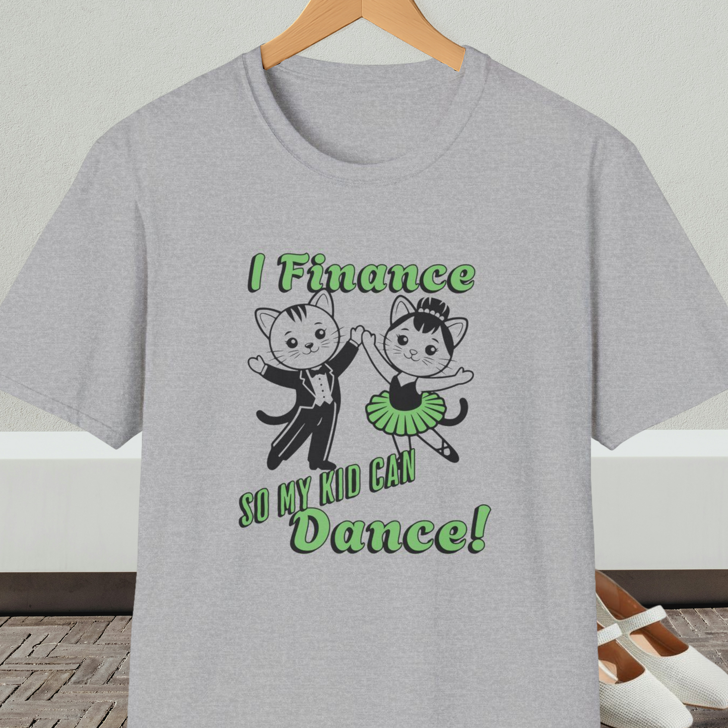 Gray t-shirt with cartoon cats dancing and 'I Finance So My Kid Can Dance' text 