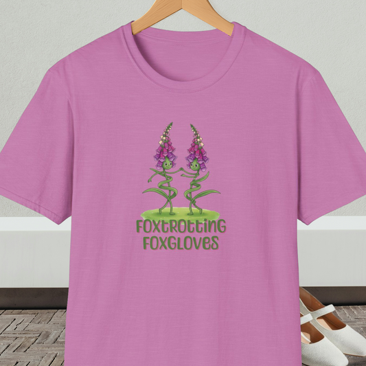 Orchid t-shirt with 'Foxtrotting Foxgloves' design, on a hanger against a neutral background.