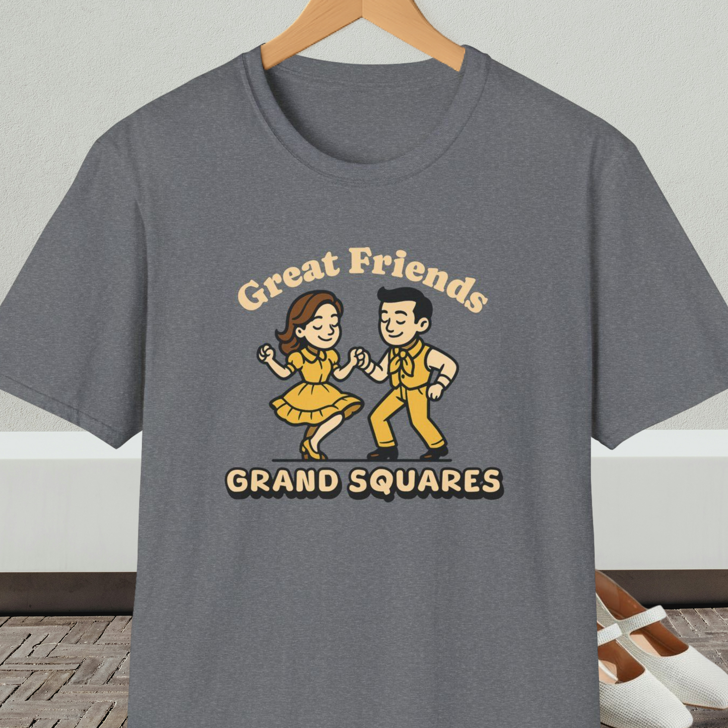 Gray t-shirt with 'Great Friends Grand Squares' and square dance couple graphic