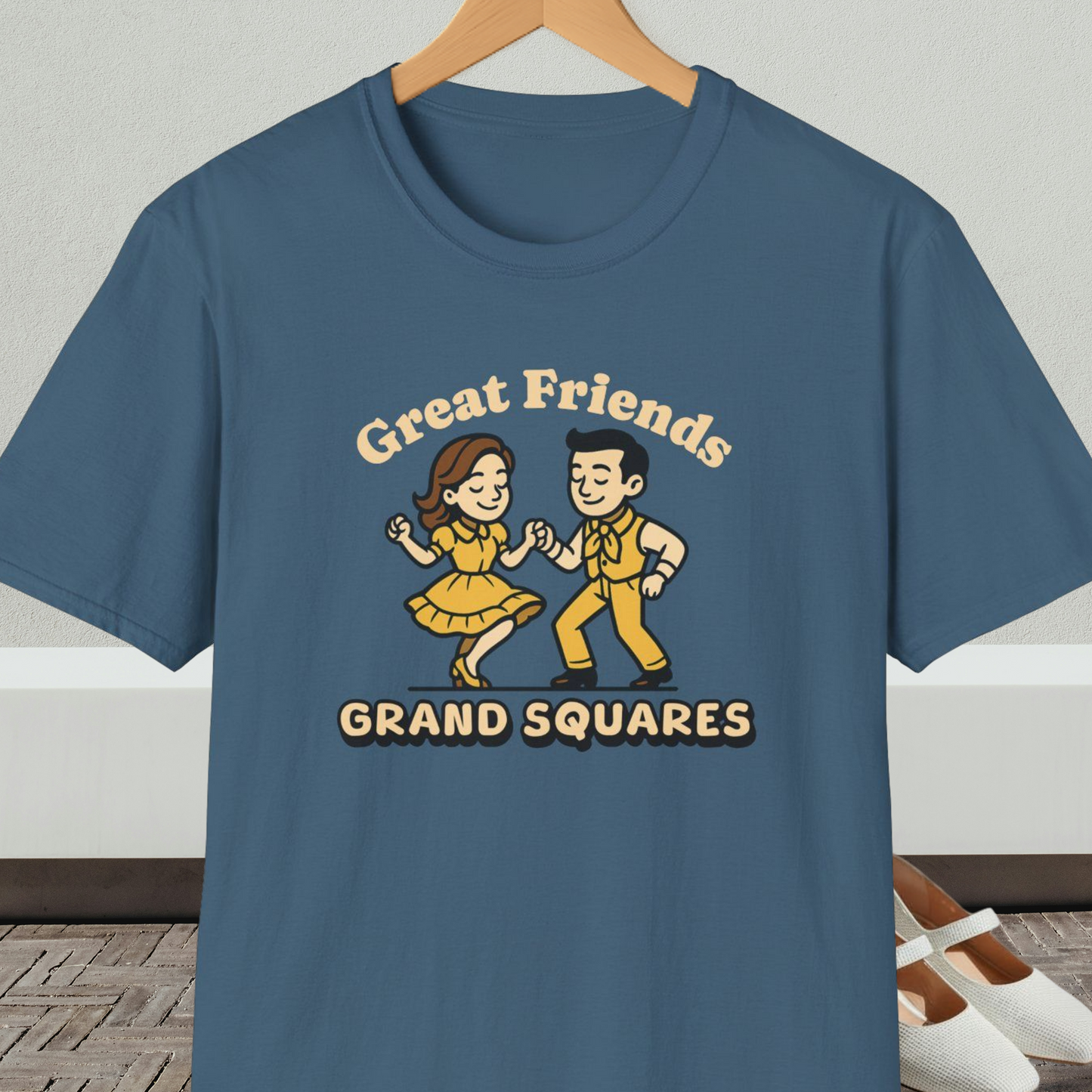 Indigo blue t-shirt with 'Great Friends Grand Squares' and square dance couple graphic