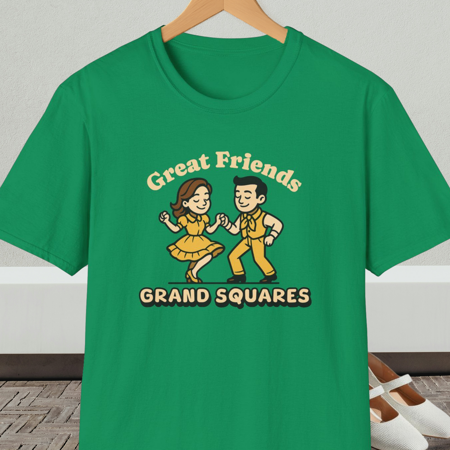 Kelly green t-shirt with 'Great Friends Grand Squares' and square dance couple graphic
