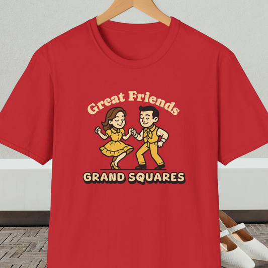 Red t-shirt with 'Great Friends Grand Squares' and square dance couple graphic
