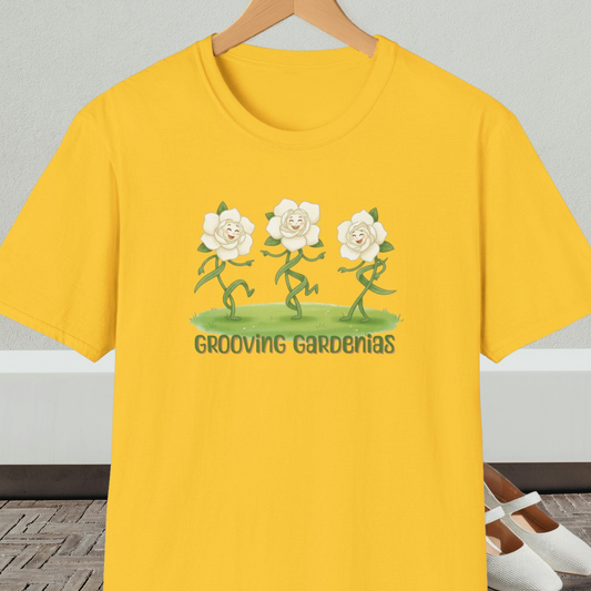 Yellow t-shirt with 'Grooving Gardenias' cartoon graphic and text