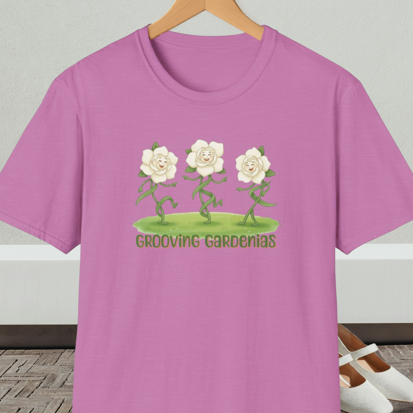Orchid t-shirt with 'Grooving Gardenias' cartoon graphic and text