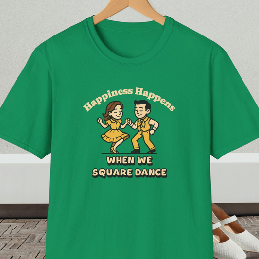 Green t-shirt with a graphic of two people square dancing and text 'Happiness Happens When We Square Dance'