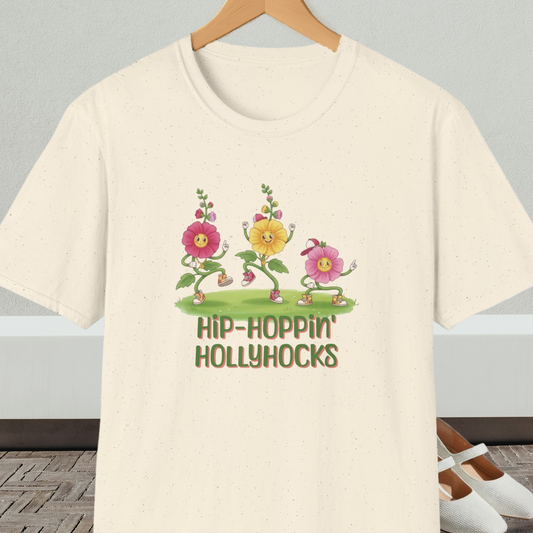 Natural beige t-shirt with cartoon dancing floral design and 'Hip-Hoppin Hollyhocks' text 