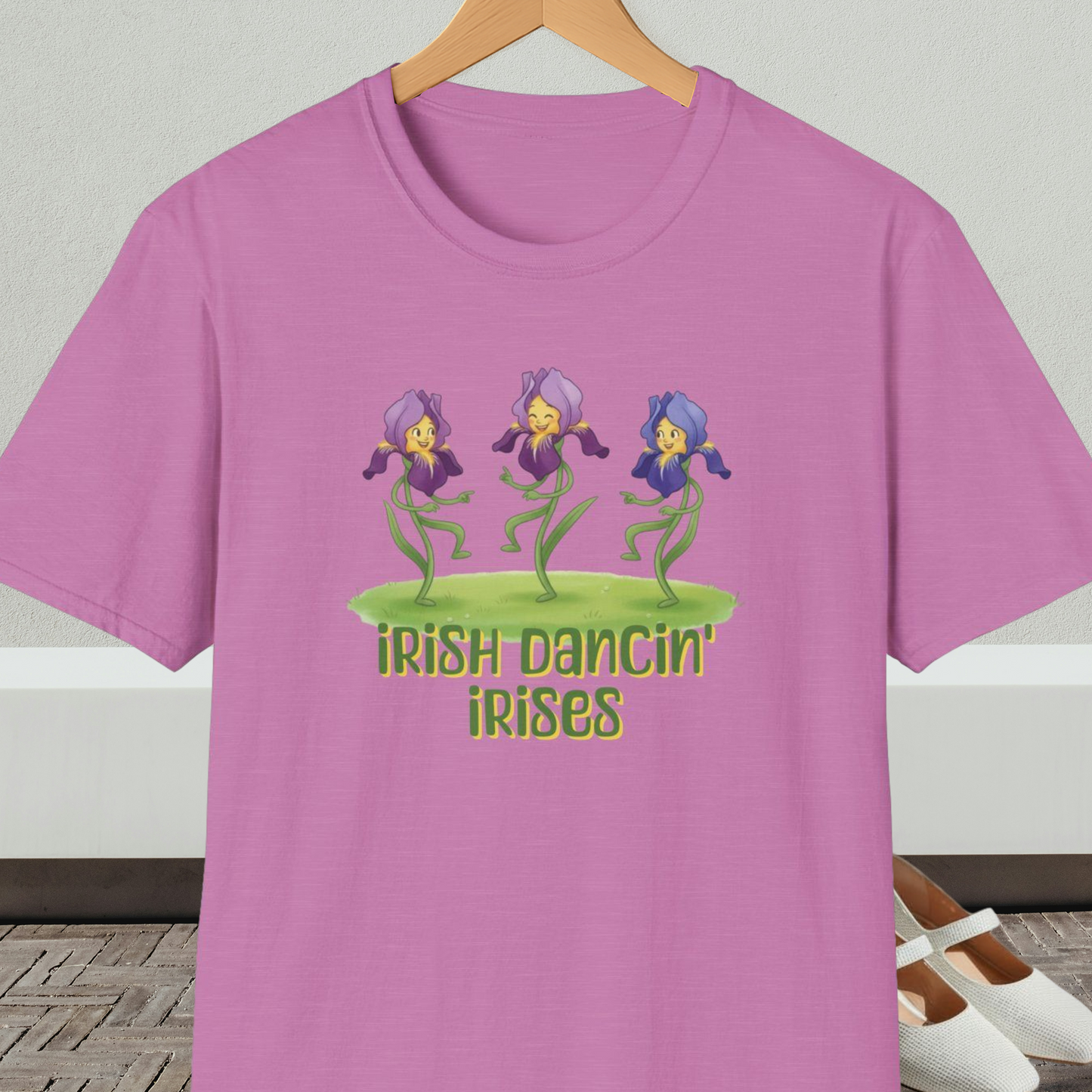 Heather orchid t-shirt with 'Irish Dancin Irises' text and cartoon dancing flowers design.