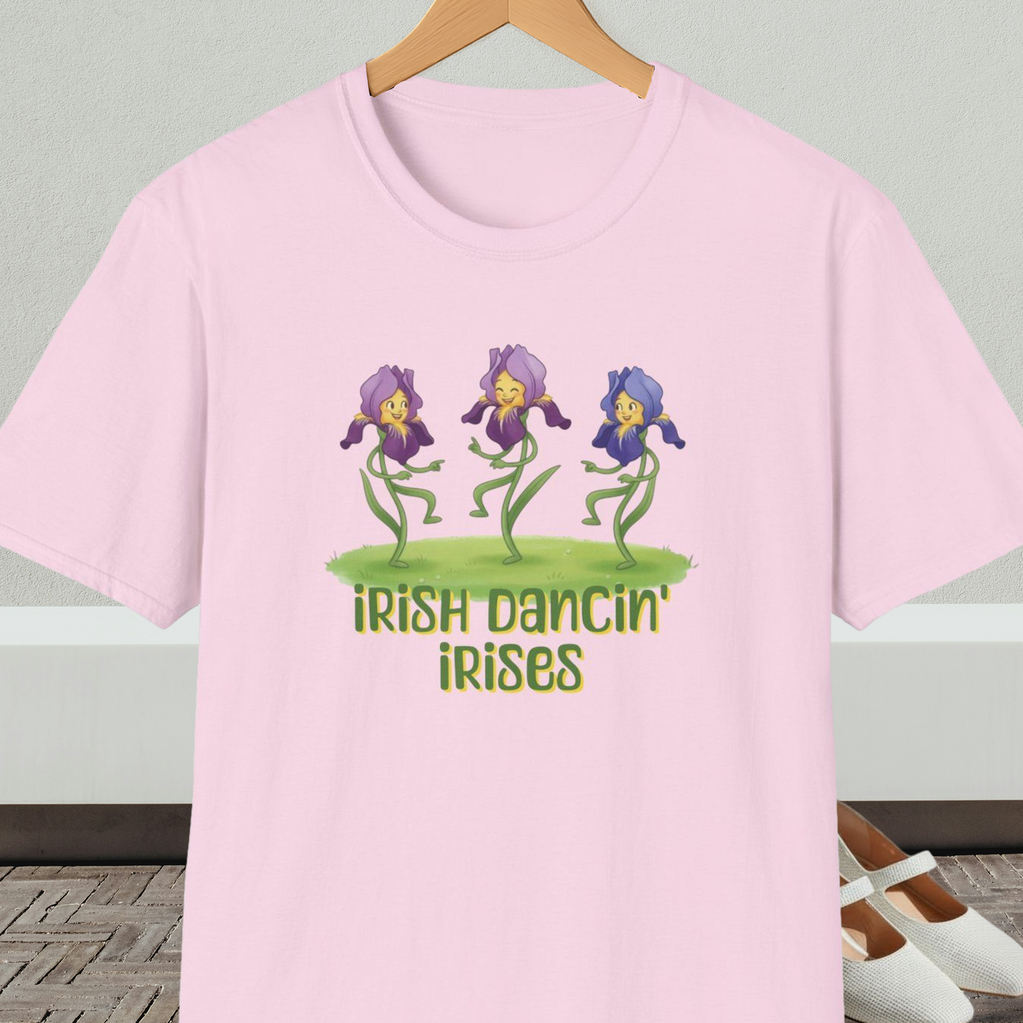 Light pink t-shirt with 'Irish Dancin Irises' text and cartoon dancing flowers design.
