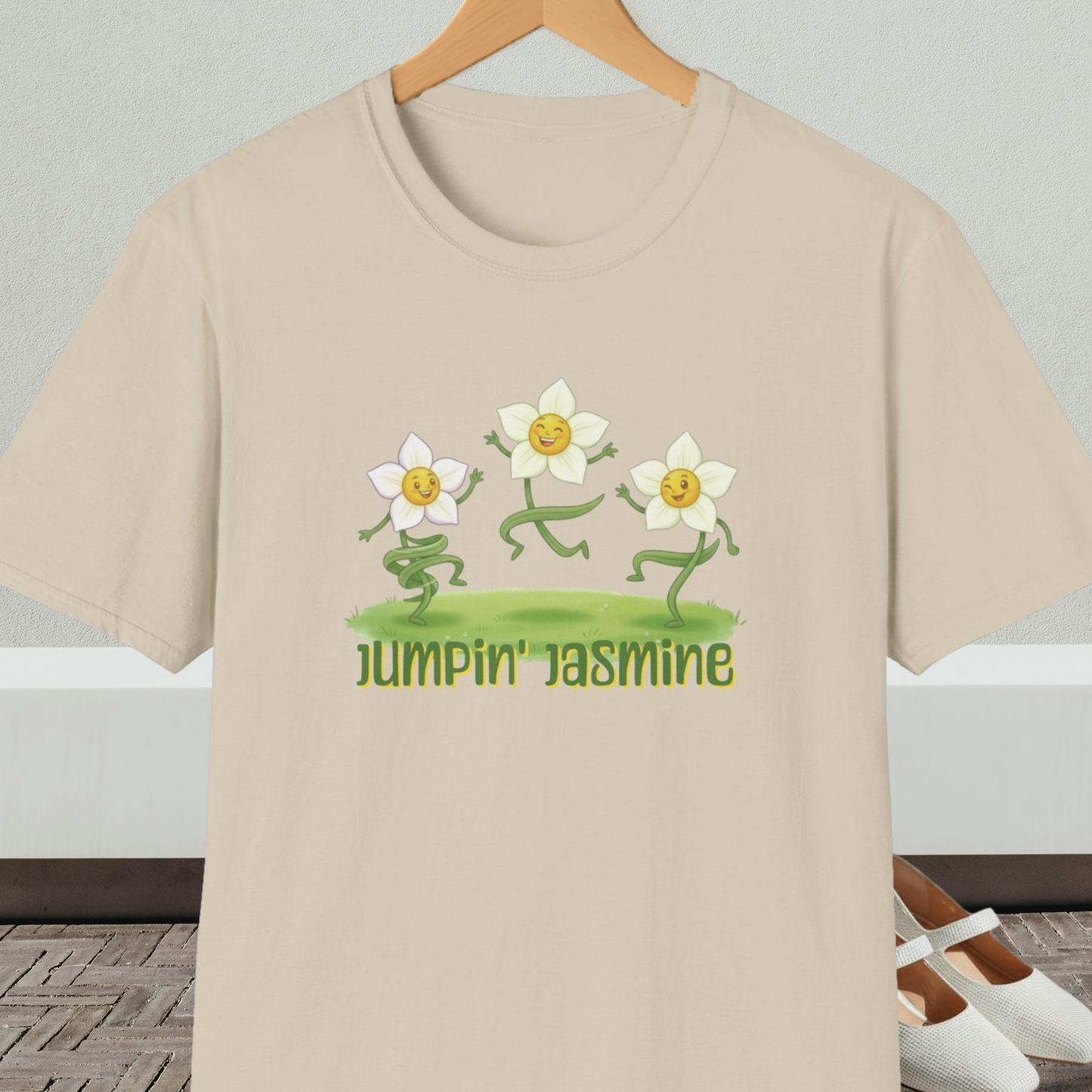 Beige t-shirt with 'Jumpin Jasmine' design featuring cartoon dancing flowers.
