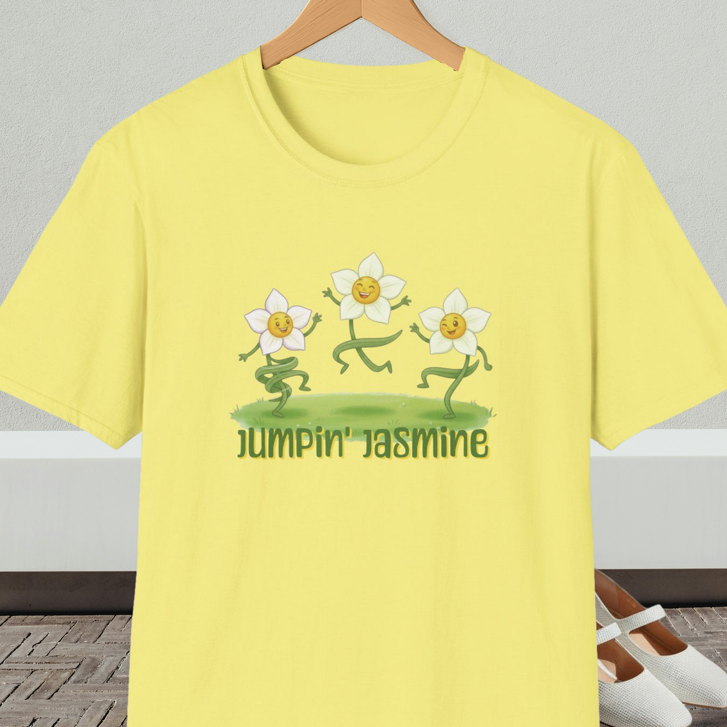 Yellow t-shirt with 'Jumpin Jasmine' design featuring cartoon dancing flowers.