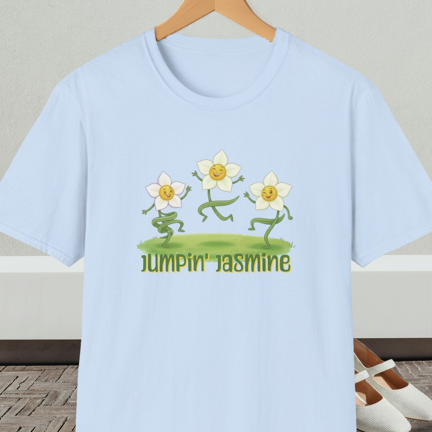 Light blue t-shirt with 'Jumpin Jasmine' design featuring cartoon dancing flowers.