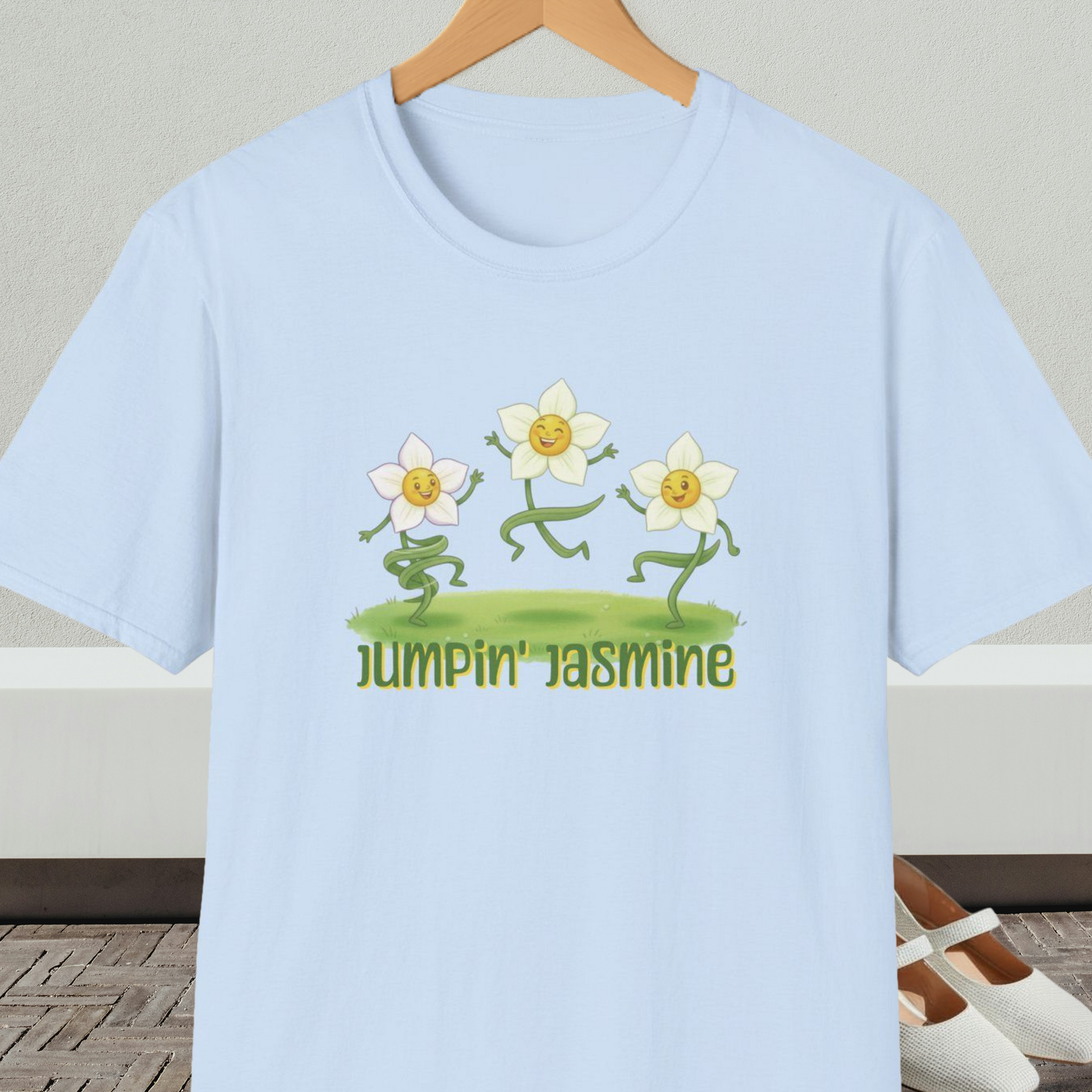 Light blue t-shirt with 'Jumpin Jasmine' design featuring cartoon dancing flowers.